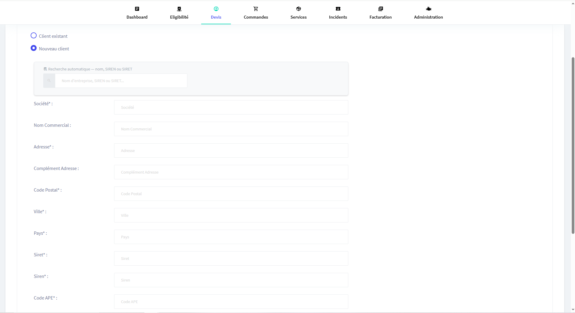 Nouveau devis - création client